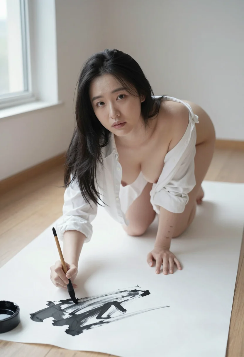 AI body writing sample — an ink-and-paper boudoir photograph, low view from the head 
