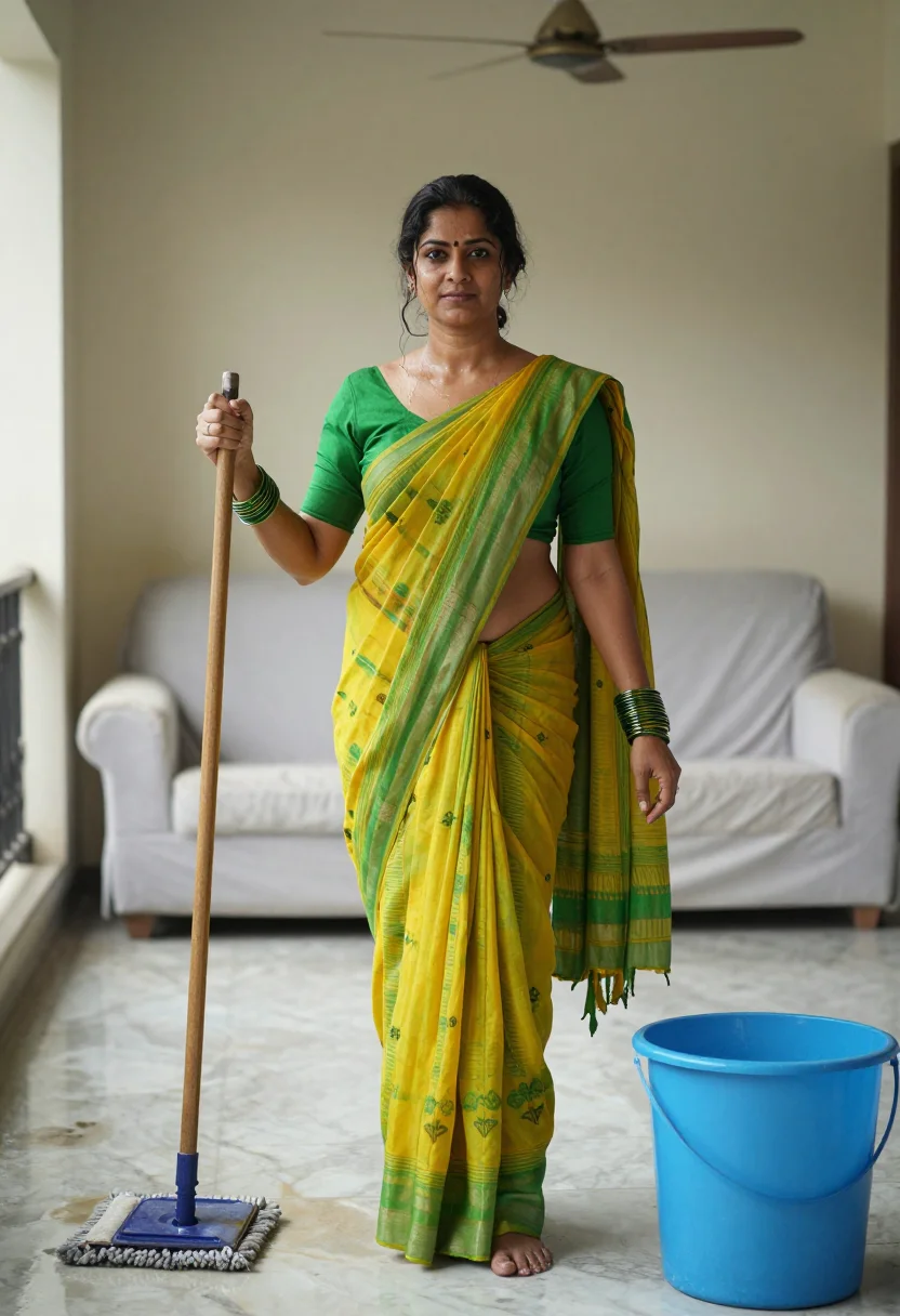 AI desi kaamwali sample — photograph of a grown woman, North Indian, with warm brown s