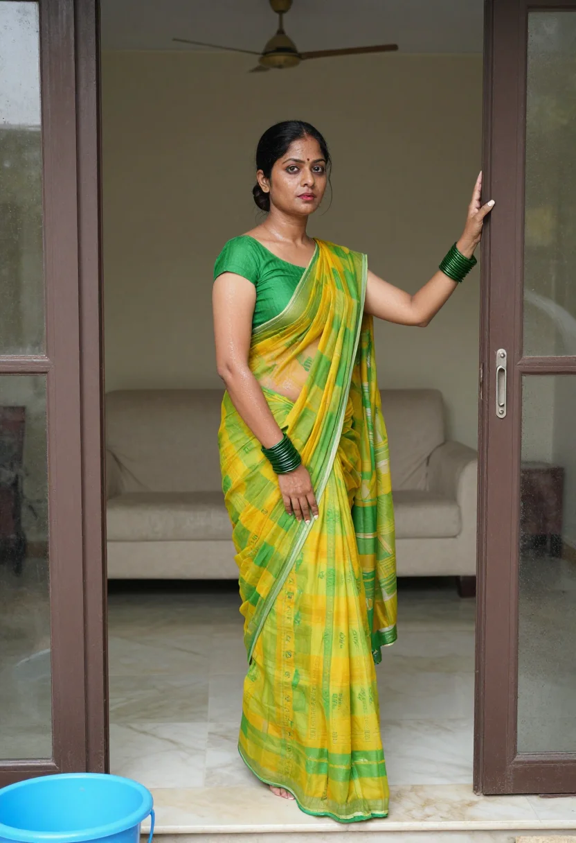 AI desi kaamwali sample — photograph of a grown woman, North Indian, with warm brown s