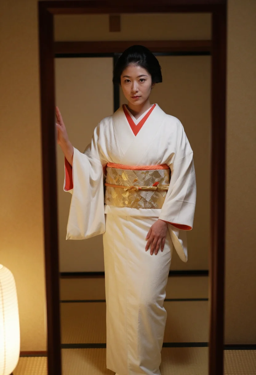 AI geisha dressing sample — photograph of a grown woman, Japanese, with pale ivory skin,