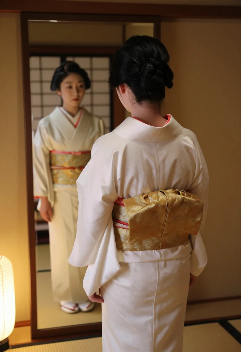 AI geisha dressing sample — photograph of a grown woman, Japanese, with pale ivory skin,