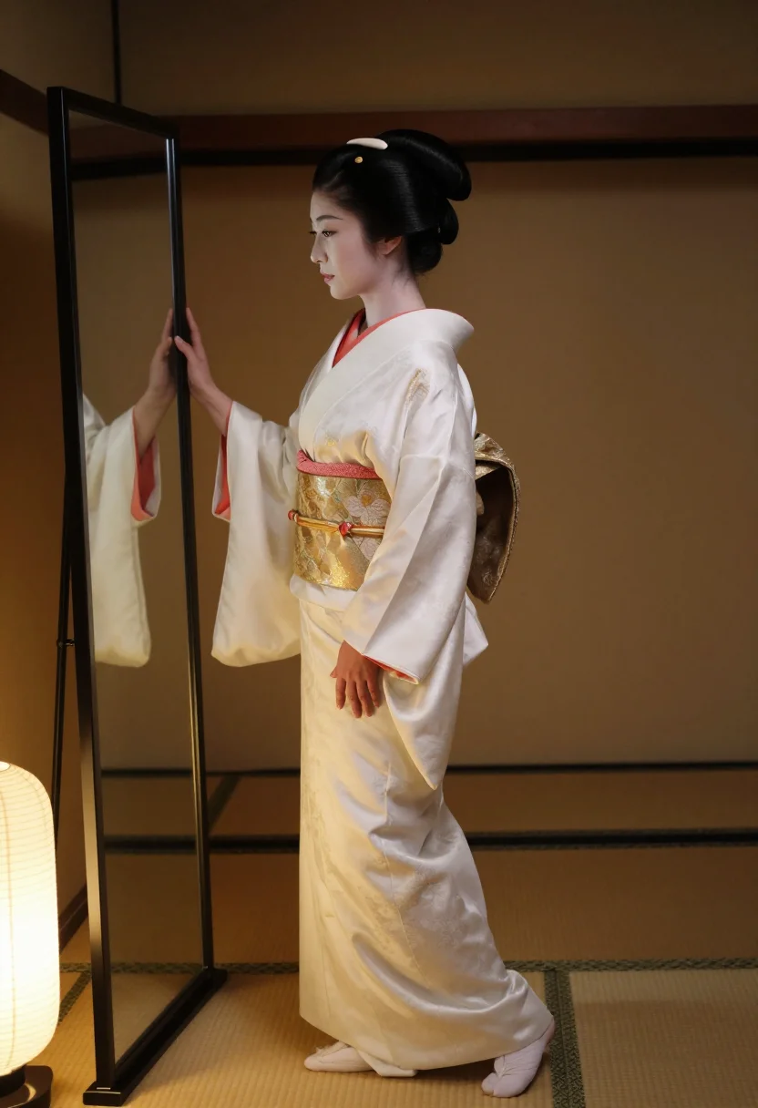 AI geisha dressing sample — photograph of a grown woman, Japanese, with pale ivory skin,