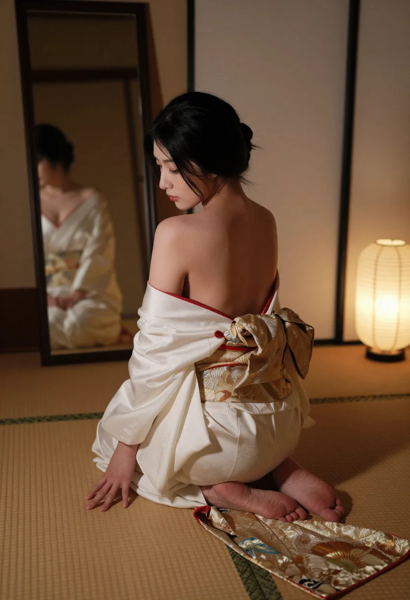 AI geisha dressing sample — photograph of a grown woman, Japanese, with pale ivory skin,