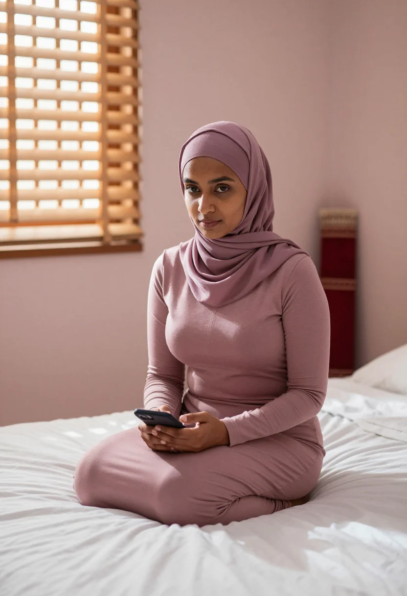 AI hijab bedroom sample — portrait of a woman, an adult South-Asian woman with warm go