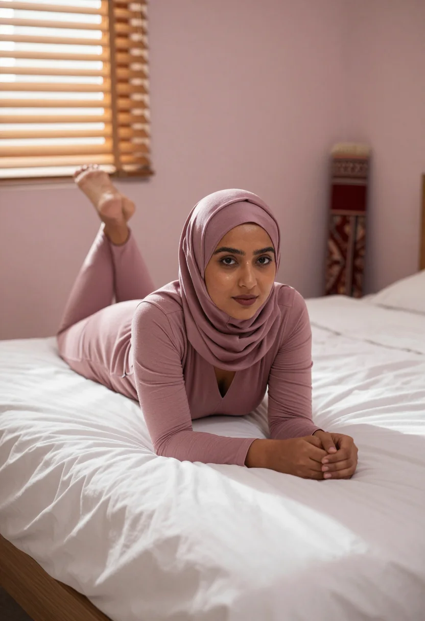 AI hijab bedroom sample — portrait of a woman, an adult South-Asian woman with warm go