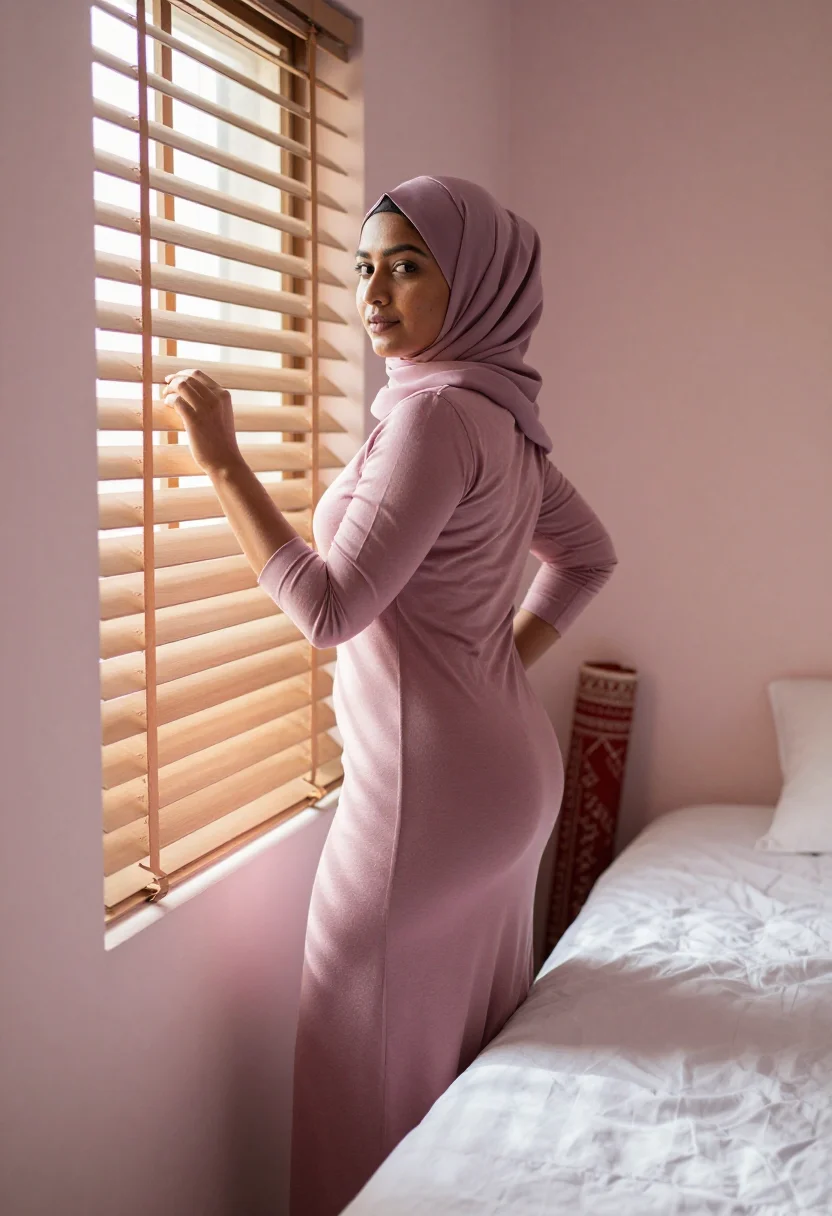 AI hijab bedroom sample — portrait of a woman, an adult South-Asian woman with warm go
