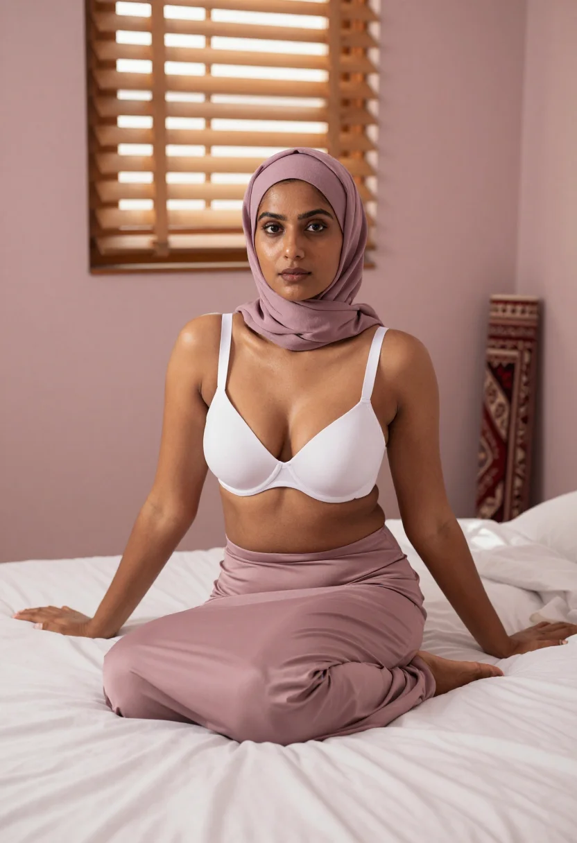 AI hijab bedroom sample — portrait of a woman, an adult South-Asian woman with warm go