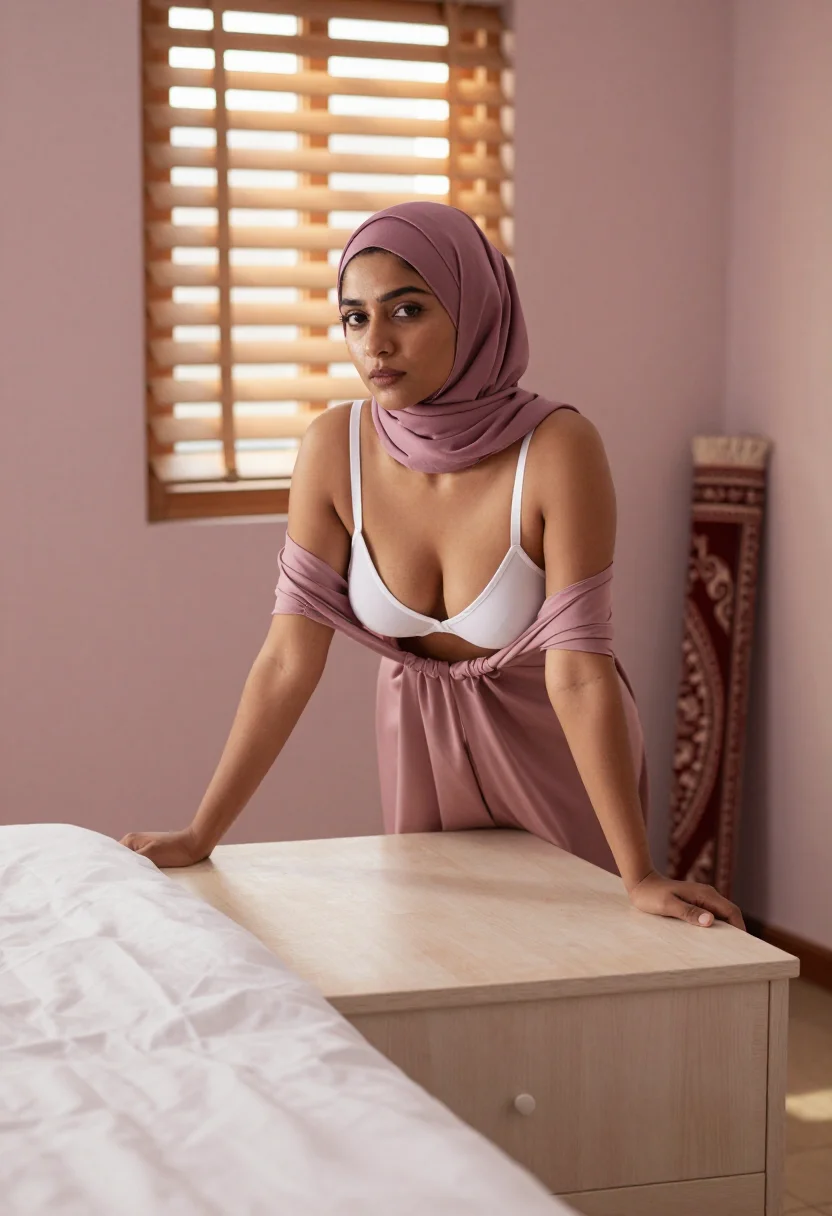 AI hijab bedroom sample — portrait of a woman, an adult South-Asian woman with warm go