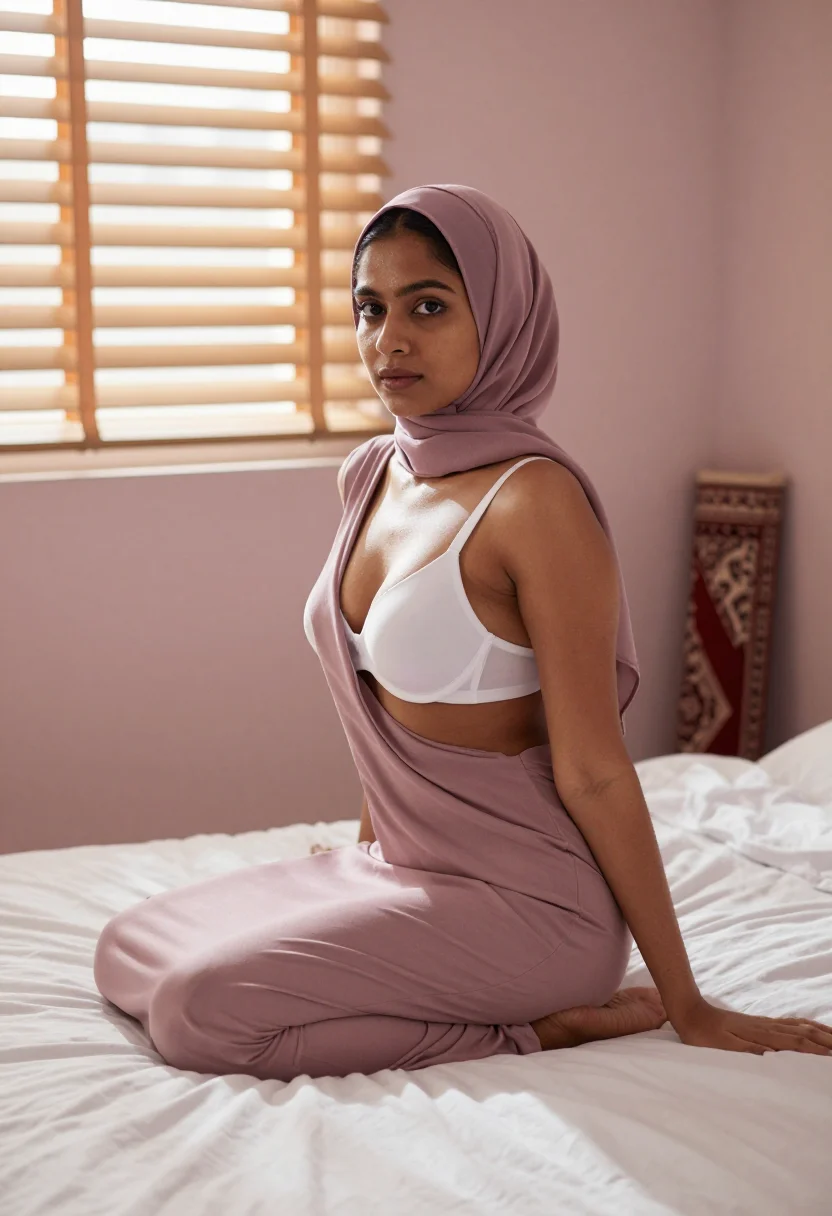 AI hijab bedroom sample — portrait of a woman, an adult South-Asian woman with warm go