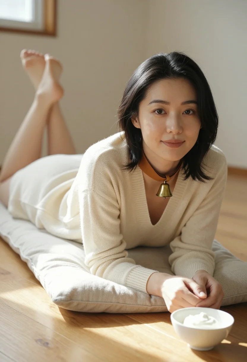 AI kitten bell sample — a sunlit domestic boudoir photograph, low view from the head