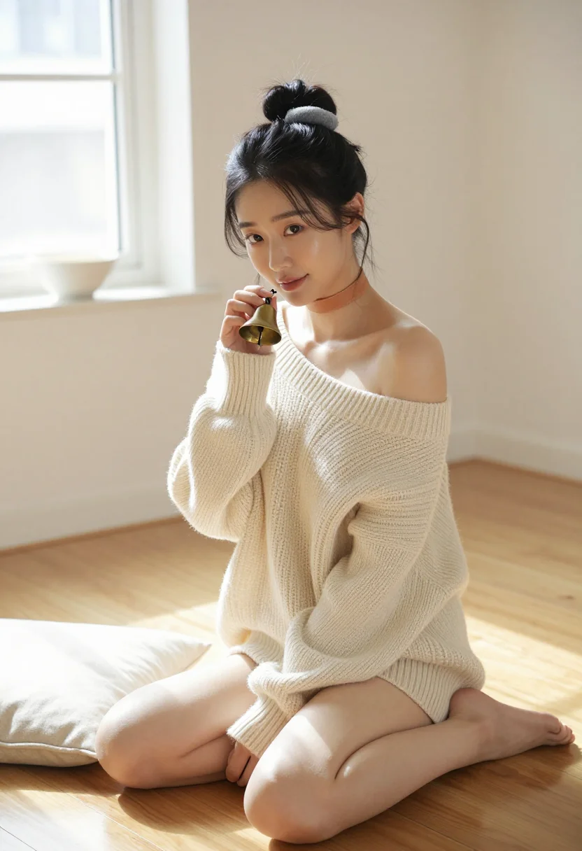 AI kitten bell sample — a sunlit domestic boudoir photograph, half-length three-quar