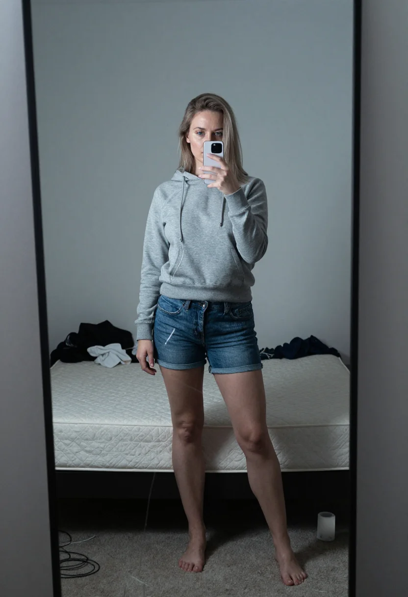AI mirror selfie cracked sample — portrait of a woman, wide mirror self-portrait made on her o