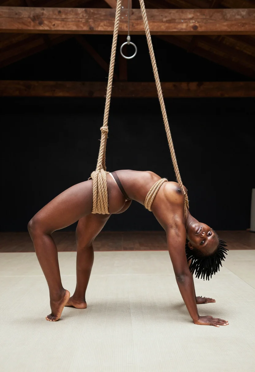 AI rope suspension sample — portrait of an adult woman, three-quarter-length portrait of